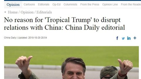 Em editorial, China faz alerta a Bolsonaro sobre riscos de agir como Trump