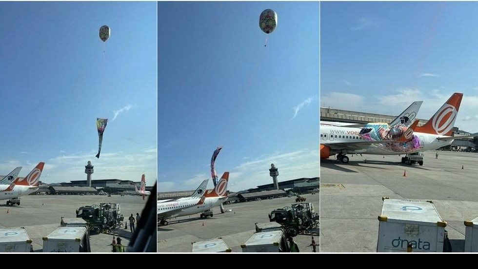 Balão cai em aeroporto e parte dele fica em cima de avião da Gol em Guarulhos, na Grande SP