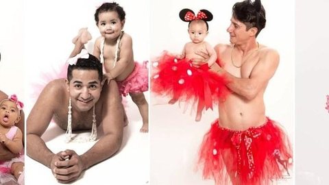 Pais se vestem de bailarina em ensaio fotográfico com as filhas em Tupã