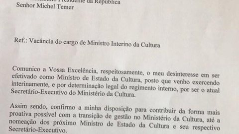 Ministro interino da Cultura pede demissão