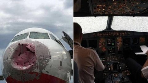 Chuva de granizo destrói vidro e bico de avião; piloto pousou com ‘zero visibilidade’