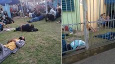 Pacientes aguardam atendimento deitados em gramado de Unidade de Pronto Atendimento em Guarulhos, na Grande SP
