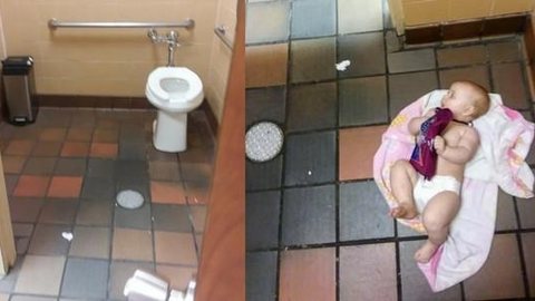 Pai troca filha no chão de banheiro masculino e foto viraliza