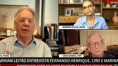 Em debate, FHC, Ciro e Marina defendem frente ampla contra Bolsonaro
