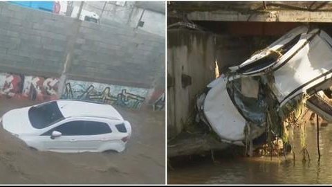 Carro fica ‘pendurado’ após cair em córrego durante temporal em Perus, na Zona Norte de SP