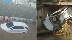 Carro fica ‘pendurado’ após cair em córrego durante temporal em Perus, na Zona Norte de SP