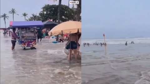 Ressaca 'engole' faixa de areia e deixa dois desaparecidos no litoral de SP - Imagem: reprodução / Instagram @guaruja_mil_grau