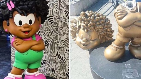 Estátuas da personagem Milena, a primeira protagonista negra da Turma da Mônica; peça de bronze foi vandalizada em Perus, Zona Noroeste de São Paulo - Imagem: Divulgação/Instituto Mauricio de Sousa/GCM