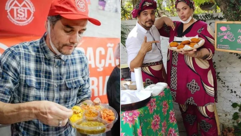 O ator Wagner Moura prova um dos quitutes da cozinheira de acarajés Beatriz Alves, no acampamento do MTST, em novembro de 2021. - Imagem: Reprodução | Instagram