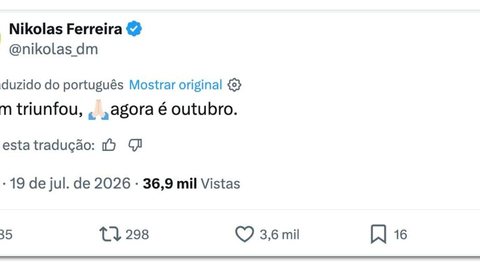 Nikolas Ferreira publicou mensagem nas redes sociais após a final da Copa do Mundo e relacionou o resultado esportivo às eleições presidenciais de 2026. - Imagem: Reprodução