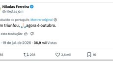 Nikolas Ferreira publicou mensagem nas redes sociais após a final da Copa do Mundo e relacionou o resultado esportivo às eleições presidenciais de 2026. - Imagem: Reprodução