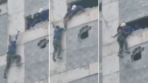 Vídeo desesperador mostra operário pendurado em prédio; assista - Imagem: reprodução redes sociais