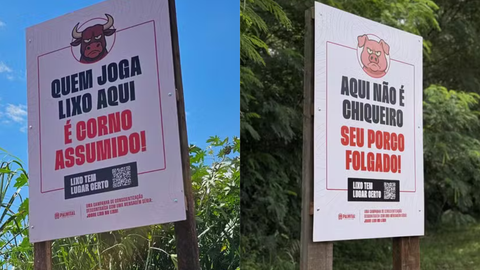 Placa em Palmital (SP) utiliza frase provocativa e QR Code para orientar descarte correto de lixo. - Imagem: Prefeitura de Palmital