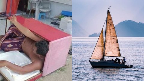 O pescador Anat Massayot, de 33 anos, surpreendeu a população ao ser encontrado dentro de uma geladeira no meio do oceano. - Imagem: reprodução I R7 e Freepik