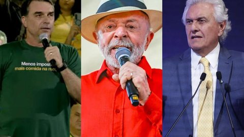 Pesquisa Real Time Big Data indica cenários de segundo turno com empate técnico entre Lula, Flávio Bolsonaro e Ronaldo Caiado na disputa pela Presidência. - Imagem:  Reprodução/ Redes sociais Ricardo Stuckert / PR Luis Nova/Metrópoles @LuisGustavoNova