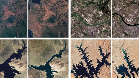 Imagem compara áreas afetadas pela seca em 2022: território francês, Rio Reno (Alemanha), Lago Mead e Lago Powell (EUA) - Imagem: Reprodução/G1/Copernicus/ESA/Nasa