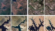 Imagem compara áreas afetadas pela seca em 2022: território francês, Rio Reno (Alemanha), Lago Mead e Lago Powell (EUA) - Imagem: Reprodução/G1/Copernicus/ESA/Nasa