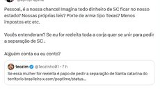 Júlia Zanatta defendeu maior autonomia para Santa Catarina e citou porte de arma “tipo Texas” em publicação nas redes sociais. - Imagem: Reprodução / X