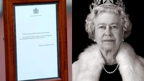 Comunicado da morte da rainha Elizabeth II pendurado nos portões do palácio de Buckingham, Londres - Imagem: reprodução redes sociais