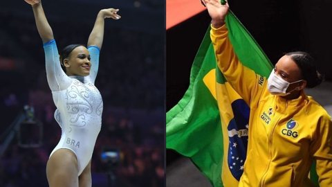 Rebeca Andrade, nesta quinta-feira (3), conquistou a medalha de ouro do Individual Geral. - Imagem: reprodução I Twitter Time Brasil e Instagram @rebecarandrade