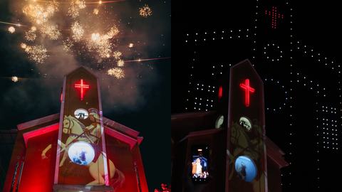 Show de drones ilumina o céu de Quintino durante abertura das celebrações de São Jorge no Rio de Janeiro - Imagem: Reprodução