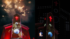Show de drones ilumina o céu de Quintino durante abertura das celebrações de São Jorge no Rio de Janeiro - Imagem: Reprodução