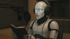 Estúdio de dublagem com uma inteligência artificial atuando como dubladora - Imagem gerada por IA
