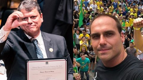 A gestão de Tarcísio está cobrando multas acumuladas em 113 mil reais de Eduardo Bolsonaro, por não utilizar máscaras na pandemia de Covid-19. - Imagem: reprodução I Instagram @tarcisiogdf e @bolsonarosp
