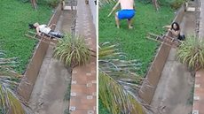 Vídeo mostra mulher caindo do telhado e marido toma atitude desesperadora para tentar salvá-la - Imagem: reprodução