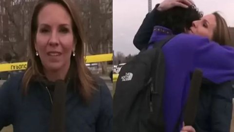 Repórter se emociona ao vivo com surpresa durante cobertura de tiroteio na escola do próprio filho - Imagem: reprodução