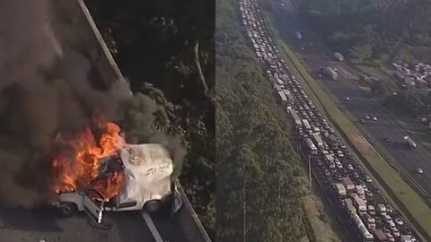 Trânsito colapsa na Rodovia dos Bandeirantes após veículo pegar fogo - Imagem: Reprodução / TV Globo