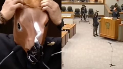 O vereador Leonel Radde usando a fantasia de burro na tribuna - Imagem: reprodução Youtube