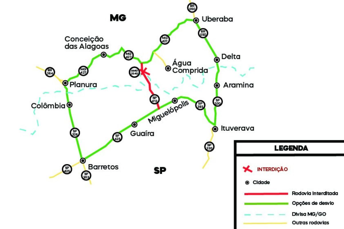 A interdição da ponte Rio Grande leva o DER-MG a divulgar rotas alternativas para minimizar os impactos no tráfego