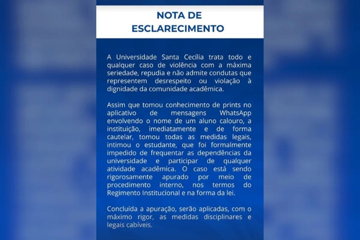 A universidade informou que o caso está sendo apurado internamente e repudia qualquer ato de violência na comunidade acadêmica