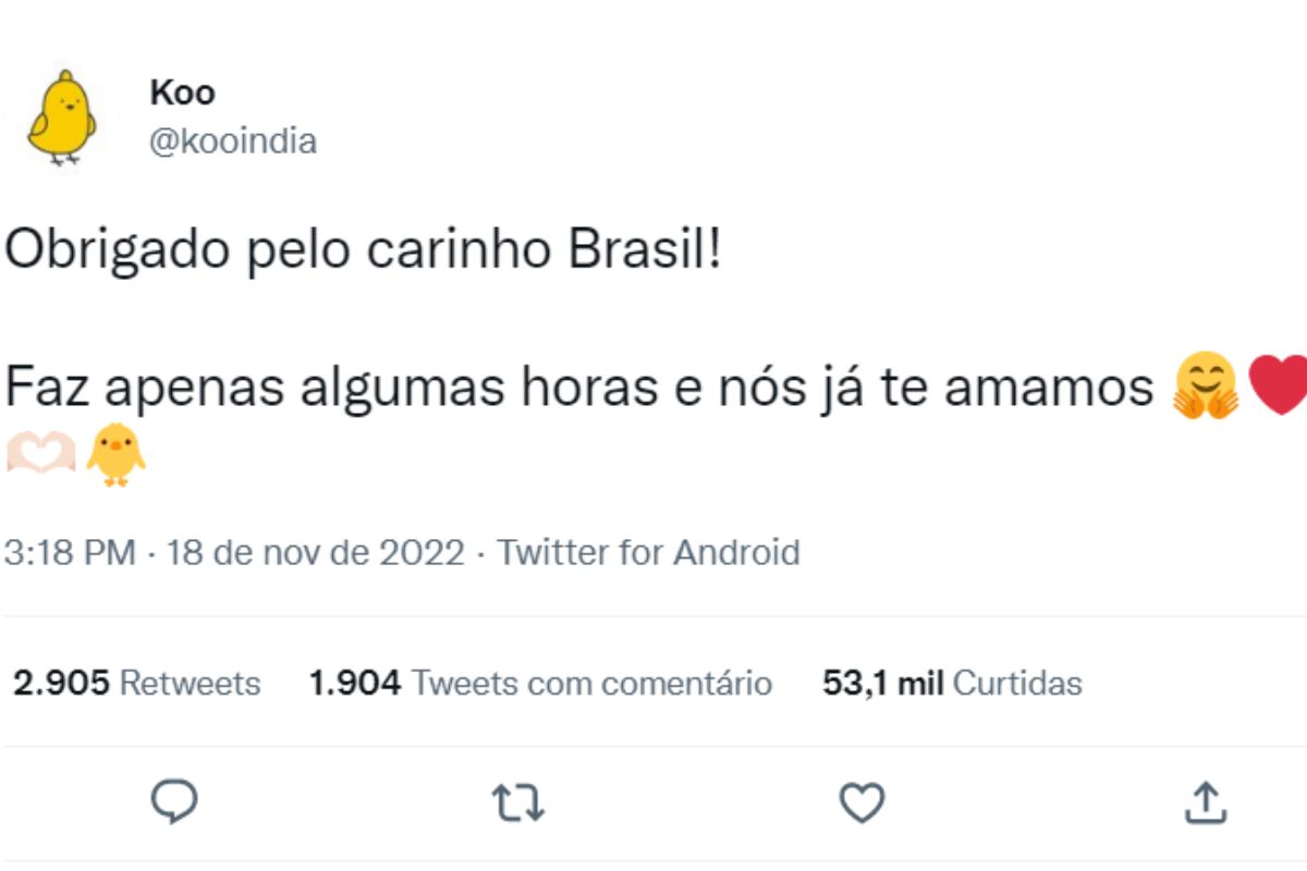 Agradecimento do Koo ao Brasil. Imagem: reprodução/Twitter