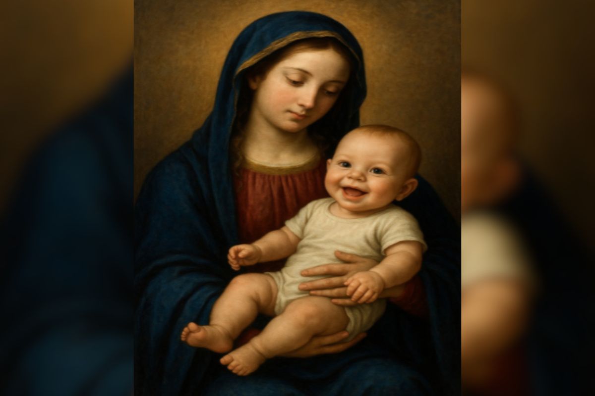 Madona renascentista com o Menino Jesus substituído por um reborn hiper-realista | O colo persiste, mesmo que a vida não esteja ali