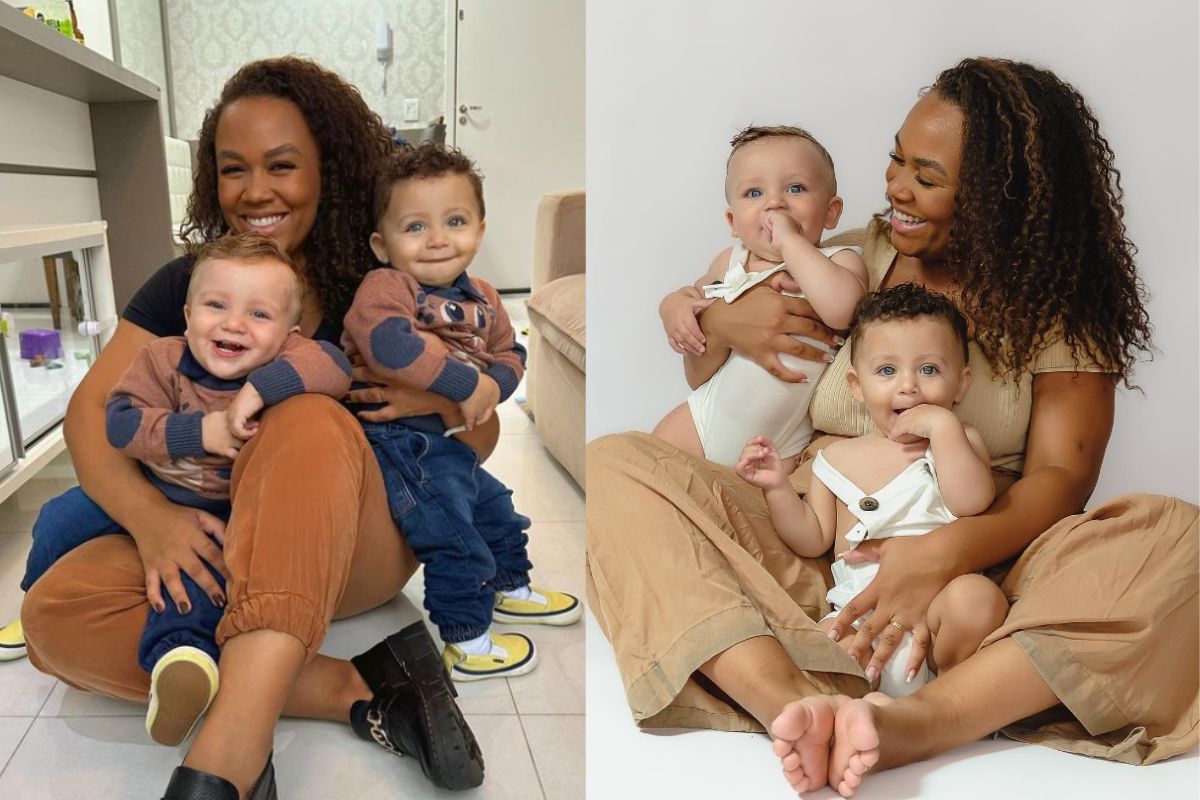 Bruna do Erre com seus filhos gêmeos, Bento e Santiago. Imagens: reprodução/Instagram