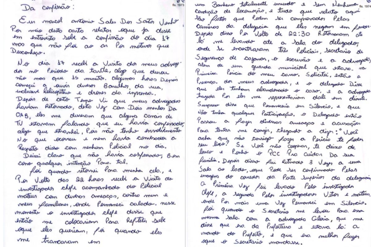 Na carta, Maicol afirma ter sido coagido pela polícia a confessar o assassinato de Vitória Regina e denuncia ameaças contra ele e sua família - Imagem: Reprodução
