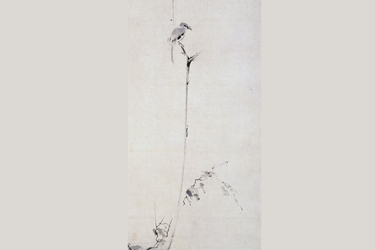 Miyamoto Musashi, Picanço em uma Árvore Árida, antes de 1645. No sumi-ê, poucos traços bastam