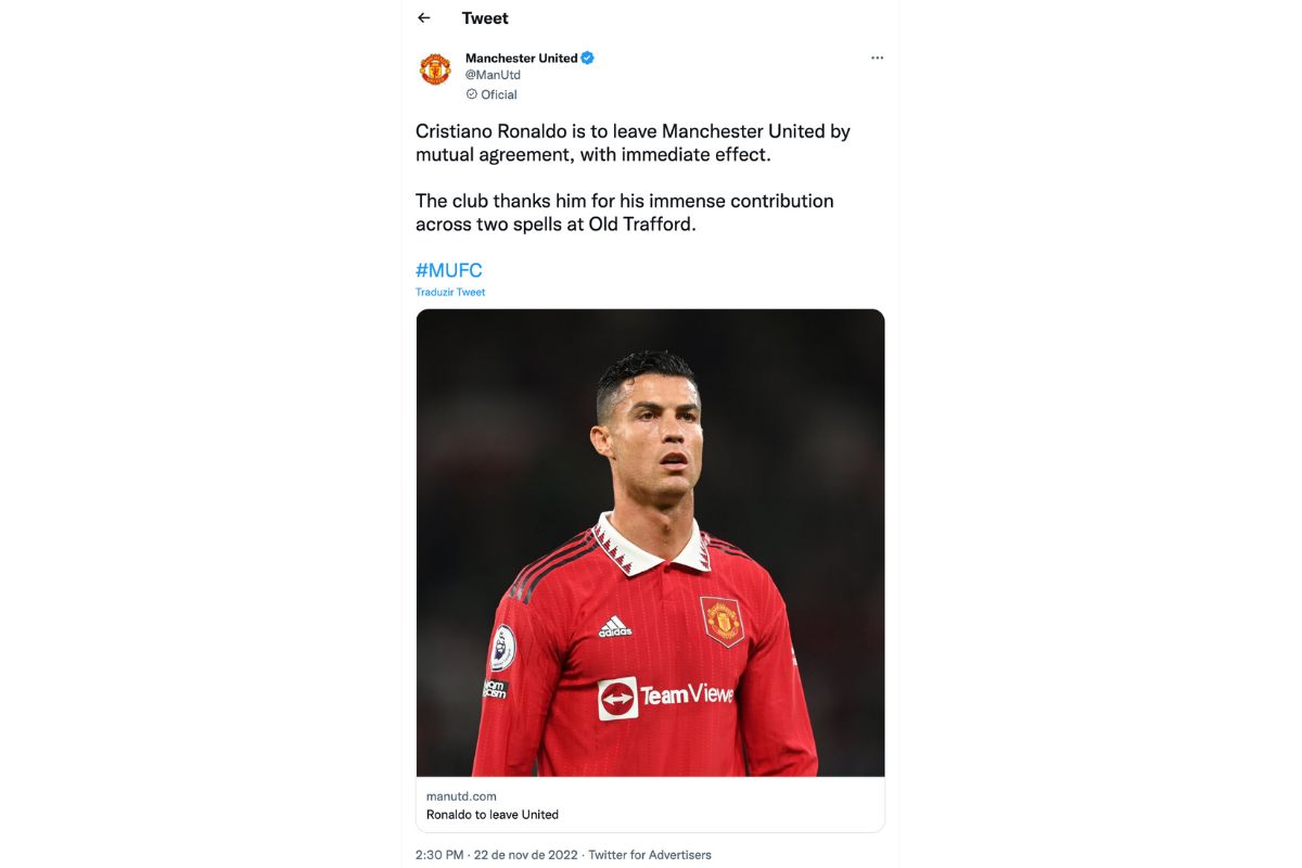 Manchester United anuncia saída de Cristiano Ronaldo