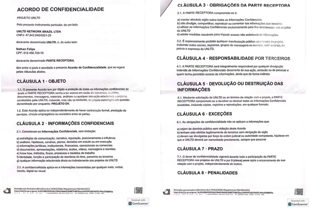 Acordo de confidencialidade assinado pelo influenciador Nathan Felipe
