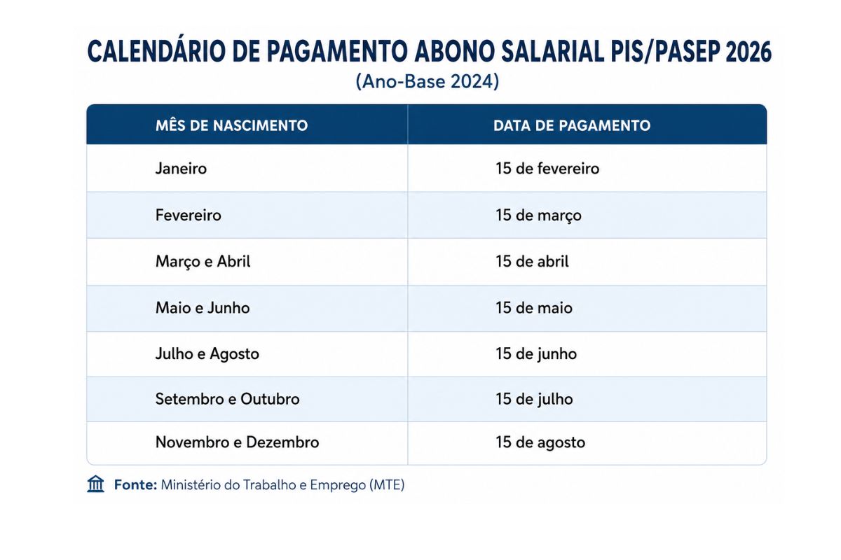 O calendário de pagamentos segue datas fixas, com liberações sempre no dia 15 do mês de nascimento do trabalhador