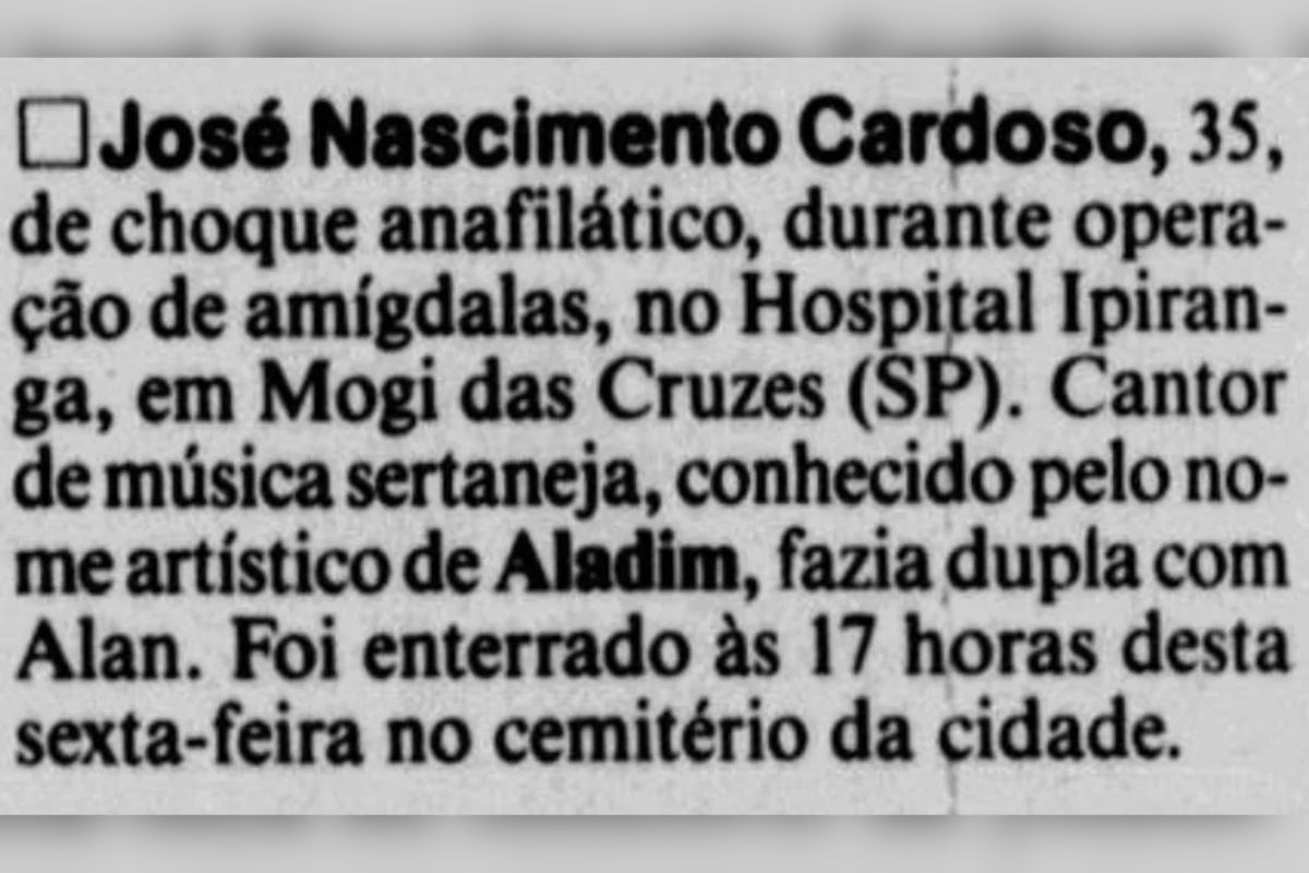 Obituário de Aladim no Jornal do Commércio (RJ) em 5 de outubro de 1992 - Imagem: Reprodução