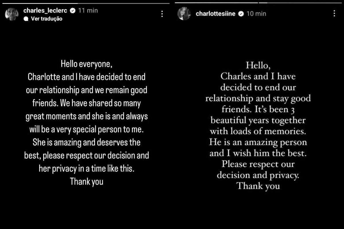 Prints das postagens de Leclerc e Charlotte. Imagem: reprodução/Twitter
