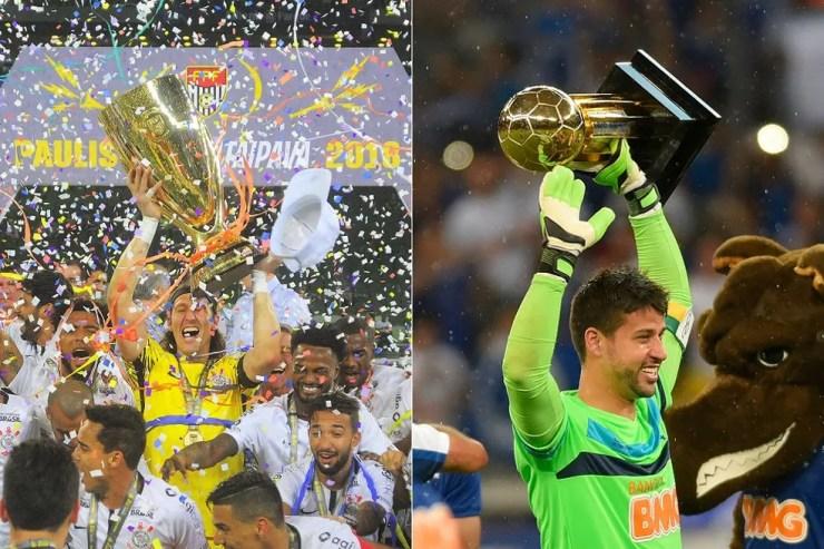 Cássio levanta troféu do Paulista de 2018, enquanto Fábio, mais novo, comemora o Brasileiro de 2014 — Foto: GloboEsporte.com