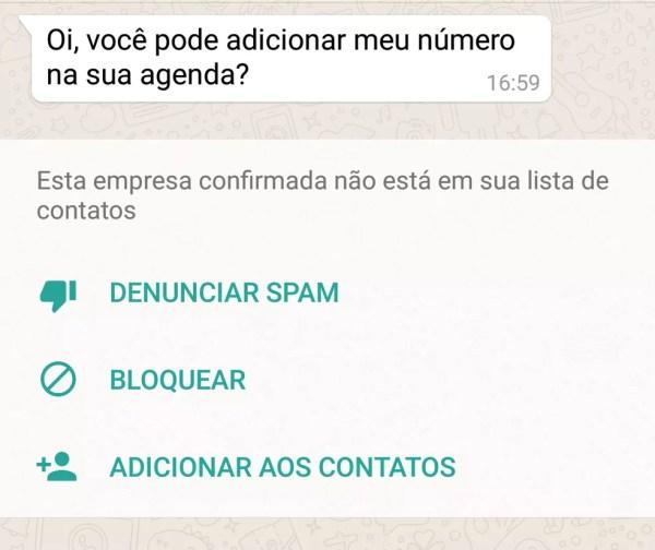 WhatsApp permite que usuário que recebe a primeira mensagem denuncie o contato como spam, bloqueie ou adicione aos contatos (Foto: Reprodução)