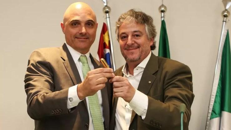 Maurício Galiotte, atual presidente, com Paulo Nobre, ex-presidente — Foto: Fabio Menotti / Ag.Palmeiras