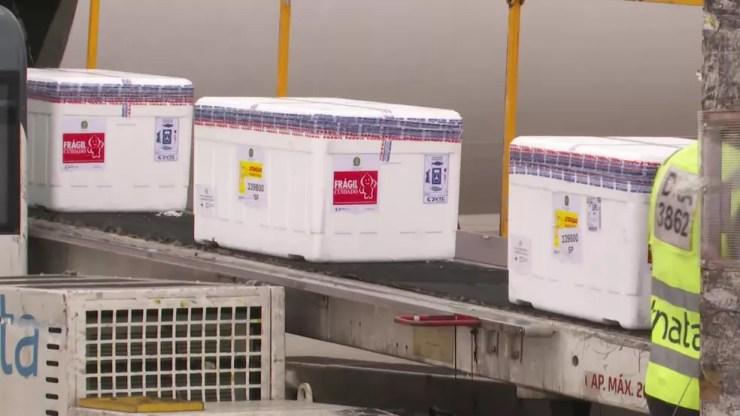 Caixas com as doses da vacina de Oxford sendo descarregadas de avião no Aeroporto de Cumbica em SP — Foto: Reprodução/TV Globo
