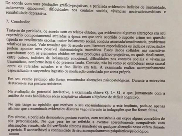 Defesa de Patrícia alega que cliente não possui transtornos de personalidade baseando-se no laudo acima feito pela Polícia Civil de Brasília (Foto: Reprodução)