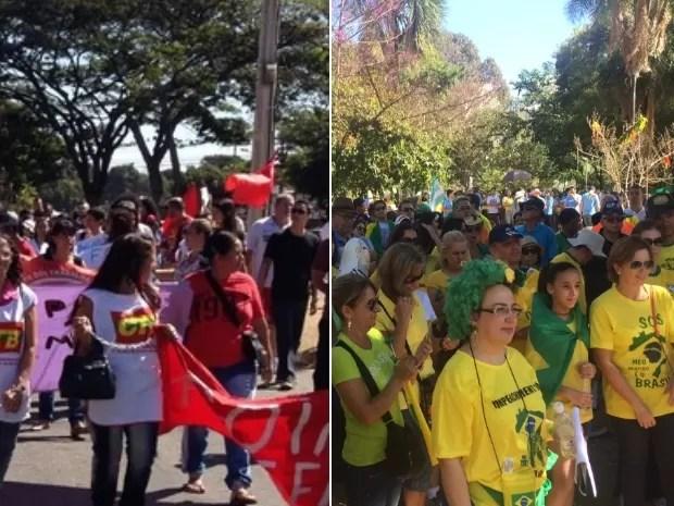 Manifestantes fazem ato contra Temer, pela manhã, e contra Dilma, a tarde, em Goiânia (Foto: Vitor Santana/G1 e Sílvio Túlio/G1)